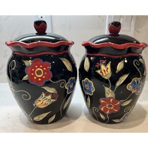Susan Winget Cookie Jar Canister With Lid Floral On Black Vintage Sold Seperate